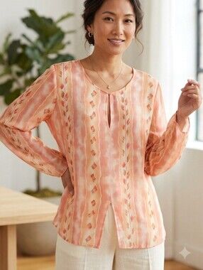 Women's Peach Printed Long-Sleeve Keyhole Blouse 100 % Silk Sunset Chic